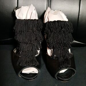 Max Studio Size 8.5‎ Black Satin Fringe 5" Stilettos With Leather Sole Peep Toe